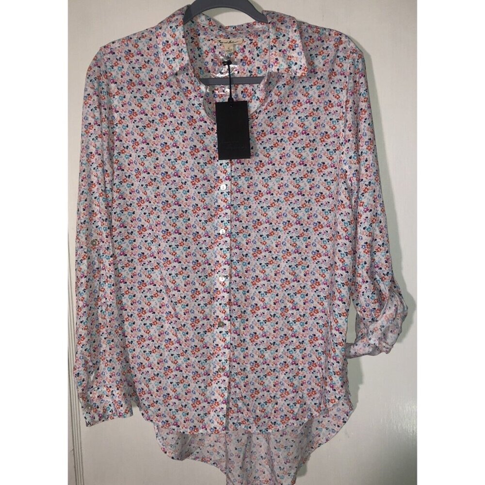Jane & Delancey Medium Button Up Shirt Long Sleeve Roll‎ Tab Floral White  NWT